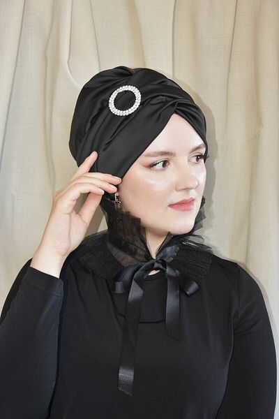 ARTİZİA stone brooch detailed unfilled islamic cap, ready-made shawl, turban