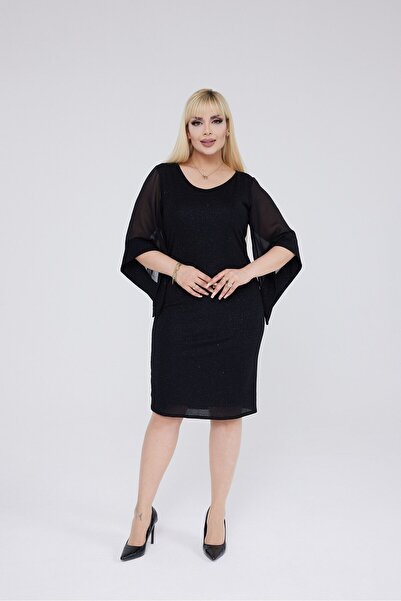 VOLİNAY TEKSTİL Büyük Beden Simli Esnek Kumaş Şifon Kol Abiye Elbise