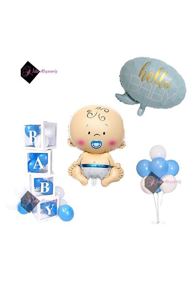 Bkmc Luxury Hospital Room Decoration Set (Baby Boy Foil - Hello Baby Foil - 4 Baby Boxes - 7 Pieces Stand)