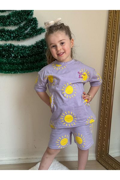 GÖKJOY BUTİK Sun Printed Cotton Girls' Top and Bottom Set with Shorts