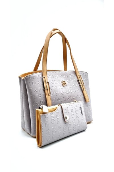Just Polo Women's Gray 5 Compartment Hand and Shoulder Bag Embossed Printed