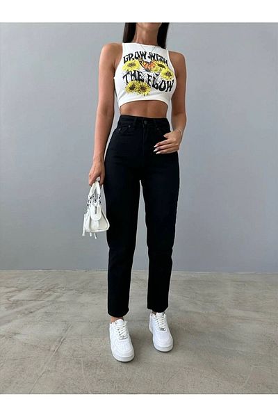 MAKRAS EXCLUSIVE Sera γυναικείο ψηλόμεσο μαύρο Lycra Mom Jean Boyfrend τζιν παντελόνι