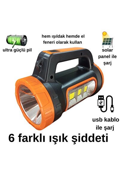 goldixpir 3w 15w Solar Şarjlı Led El Feneri Işıldak Projektör Kamp Avcı Feneri