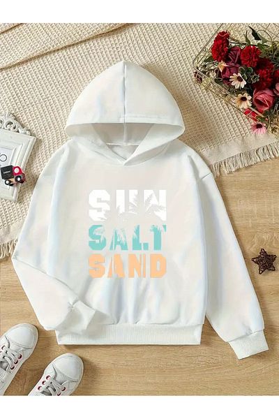 Baxia Hanorac alb cu glugă cu imprimeu Sun Salt Sand pentru fete și băieți (noul sezon)