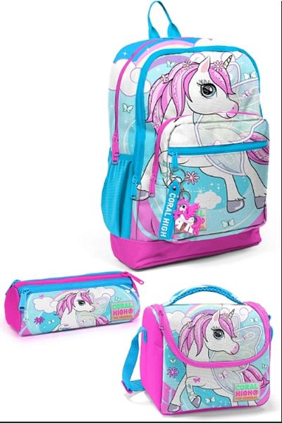 hediyeconcepti Coral High Kids - Set de 3 piese pentru școală cu unicorn albastru neon roz