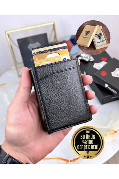 Fil Deri Genuine Leather Mechanism Rfid Protected Automatic Card Holder Wallet