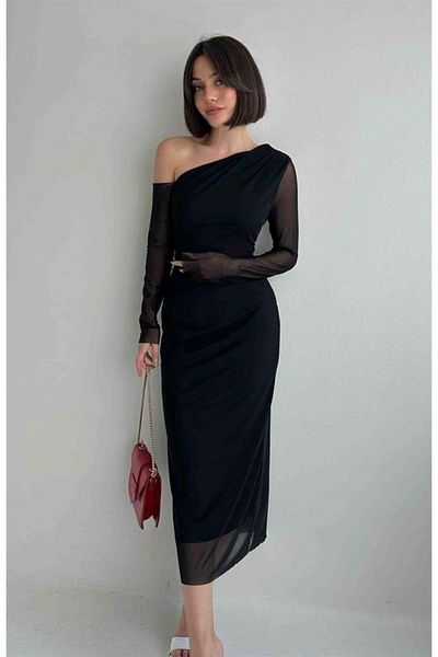 WoolnClyde Black Tulle Detailed Midi Evening Dress - One Shoulder Open, Long Sleeve and Lined