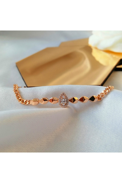 Butik Kadın Vip Çelik Gold Damla-Baget Taş Detay Bileklik 19 cm