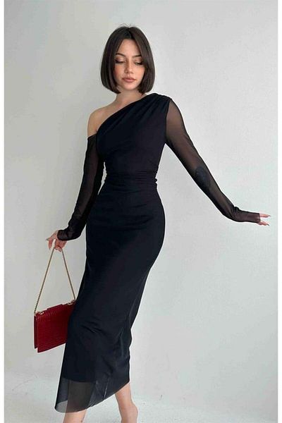 WoolnClyde Black Tulle Detailed Midi Evening Dress - One Shoulder Open, Long Sleeve and Lined
