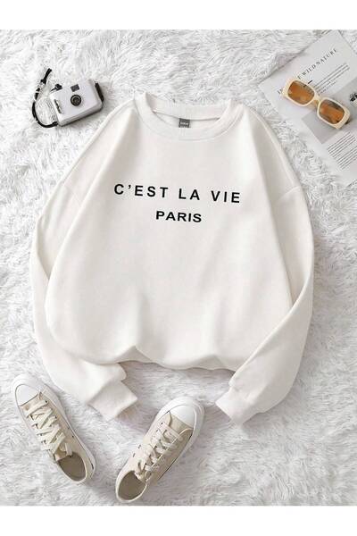 coolart Hanorac supradimensionat alb Cest La Vie Paris - Gros, de iarnă, cu g...