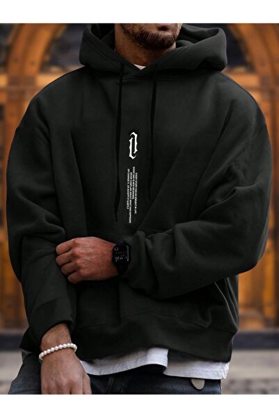 coolart سويت شيرت شتوي سميك برمز عمودي - أسود مطبوع، كبير الحجم، جيب وغطاء للرأس