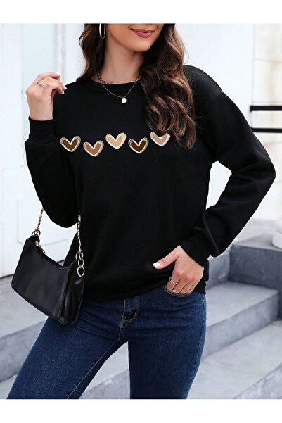 coolart Thick Winter Black Oversize Sweatshirt - Crew Neck, Five Hearts Printed