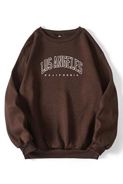 SeusCraft Los Angeles California Kalın Kışlık Sweatshirt - Kahverengi Baskılı...