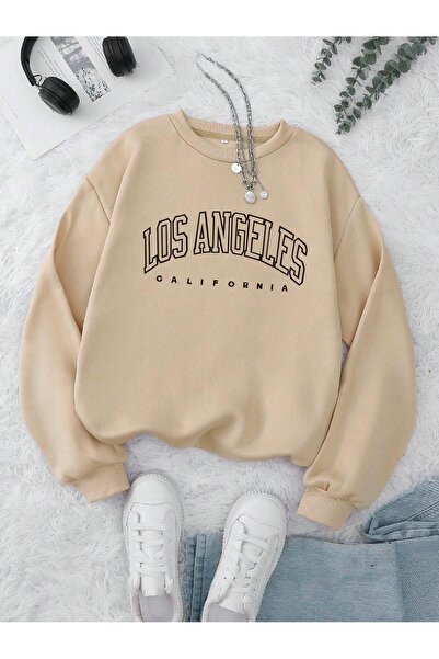 SeusCraft Los Angeles California Kalın Kışlık Sweatshirt - Bej Baskılı Oversi...