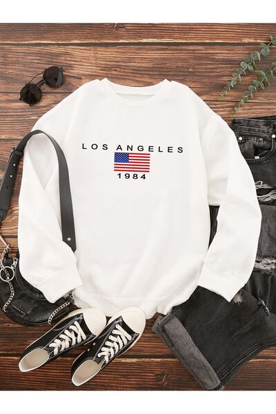 SeusCraft 1984 لوس أنجلوس - سويت شيرت شتوي سميك أبيض كبير الحجم، رقبة دائرية