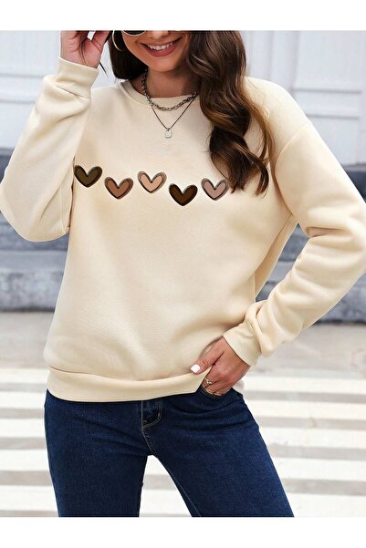 SeusCraft Μπεζ Φούτερ Oversize - Σχέδιο Καρδιές Πέντε, Λαιμόκοψη Τύπου Crew