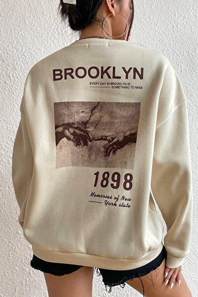 Cool Art 1898 Brooklyn Kalın Kışlık Sweatshirt - Bej Baskılı Oversize Şardonlu Bisiklet Yaka