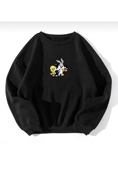 SeusCraft Looney Tunes Karekterler Kalın Kışlık Sweatshirt - Siyah Baskılı Ov...