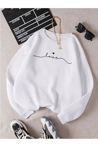 SeusCraft Love Mini Kalp - Λευκό φούτερ με στάμπα, με ψηλή λαιμόκοψη