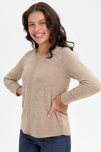 Desen Triko Cardigan de lână pentru femei, cu fermoar, cu decolteu în formă de piatră - K.beige