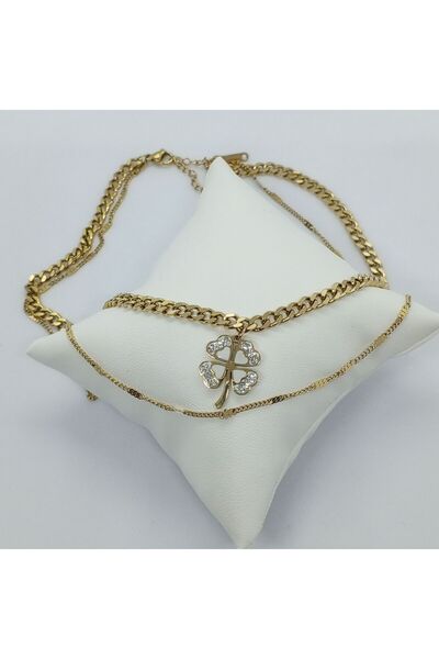 Ödül Moda الصلب الذهب الزركون حجر سلسلة مزدوجة البرسيم قلادة