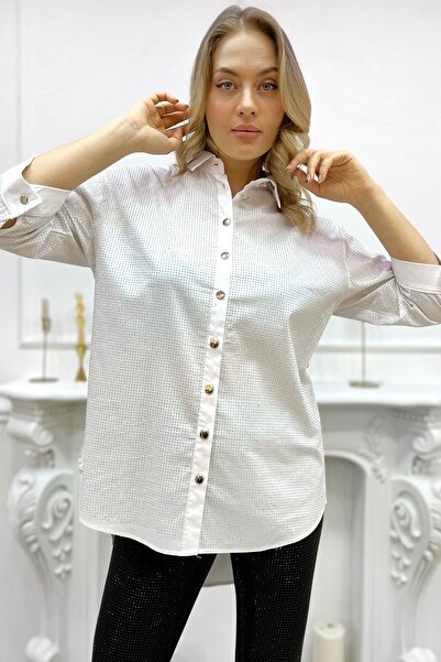 RICH GLAM Γυναικείο πουκάμισο White Crystal Stone Oversize - 3/4 μανίκι, μακριά πλάτη