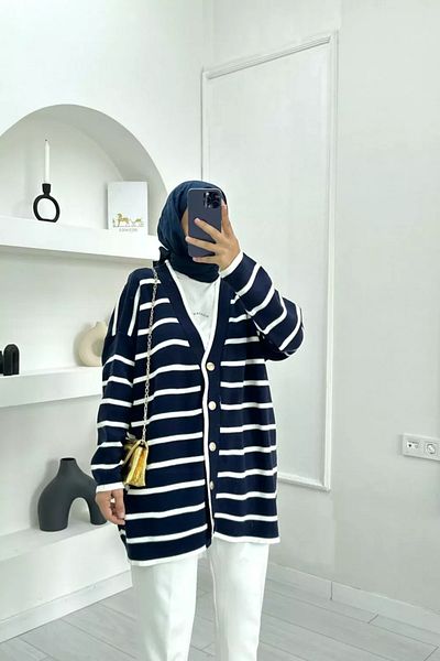AVSARWEAR Women's Gold Buttoned Striped Long Knitwear Cardigan