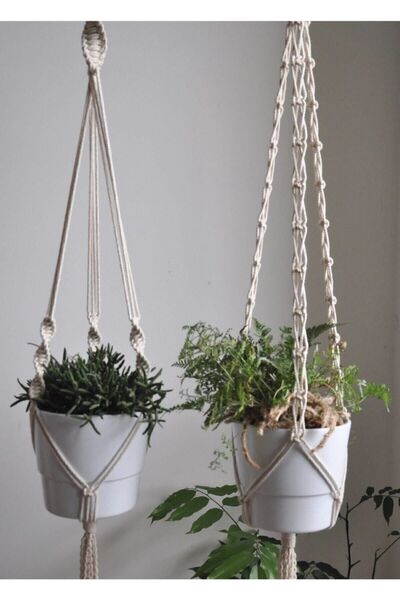 Genel Markalar Birbirini Tamamlayan Krem Renk 2li Makrome Saksılık