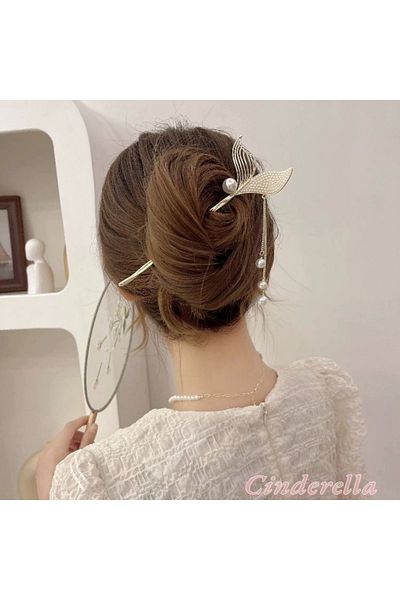 Cinderella Νέο μοντέλο κρεμαστό κόσμημα Pearl Stone Fish Tail Metal Knob Barrette - Luxury Stick Hair Bun Barrette