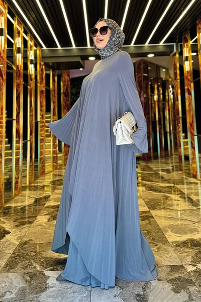 Bym Fashion 8575 Model Gray Long Tunic and Trousers Double Set - Pleated Detail