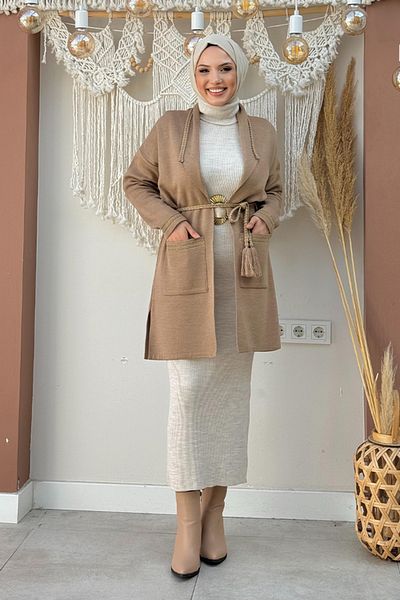 Bym Fashion Ζακέτα πλεκτό βιζόν - Πλεκτό με ζώνη μέσης και λεπτομέρεια τσέπης 12038