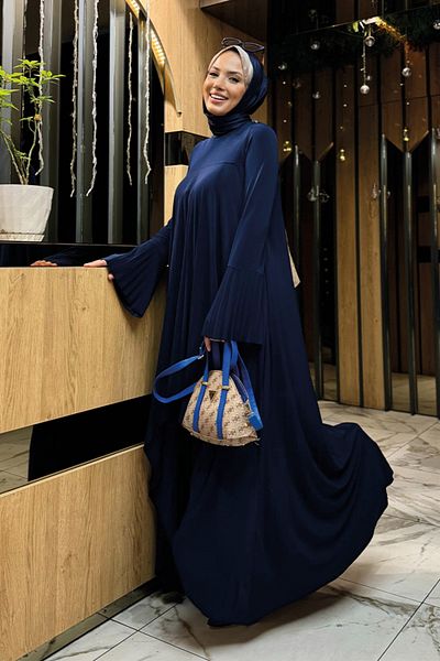 Bym Fashion Σετ μακρύ τουνίκ και παντελόνι με λεπτομέρεια Navy Blue Pleated - 8575