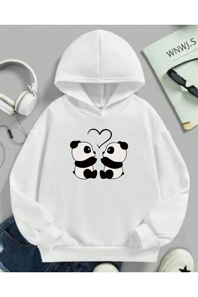 MORNİNG KİDS Hanorac cu glugă pentru fetiță cu imprimeu panda alb