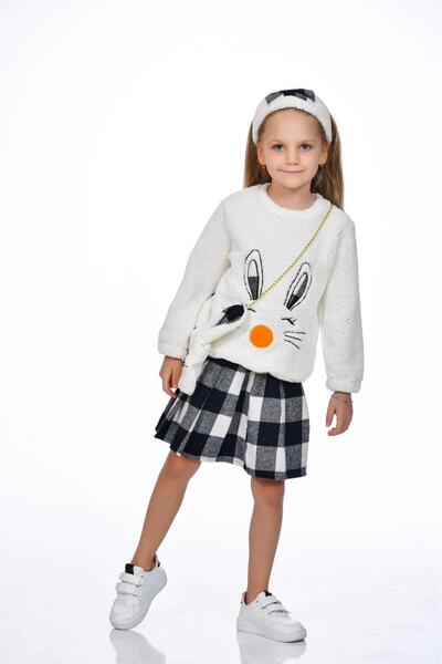 Kamex Girl's Plush Plaid Skirt Set - Bag and Bandana Accessory, White Black