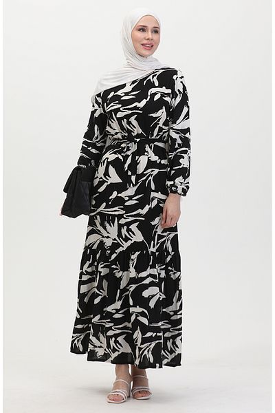sefamerve Black and White Patterned Belted Dress - 0444-01