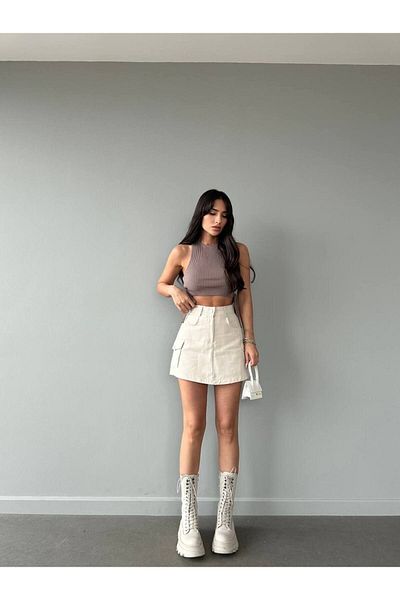 LB Laluna Butik Γυναικεία Cream Cargo Pocket Mini φούστα με σορτς
