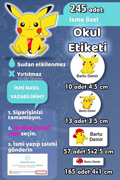 Sticker Ekspres Okul Etiketi Pikachu Pokemon Kalem Defter Etiketi Özel İsim Y...