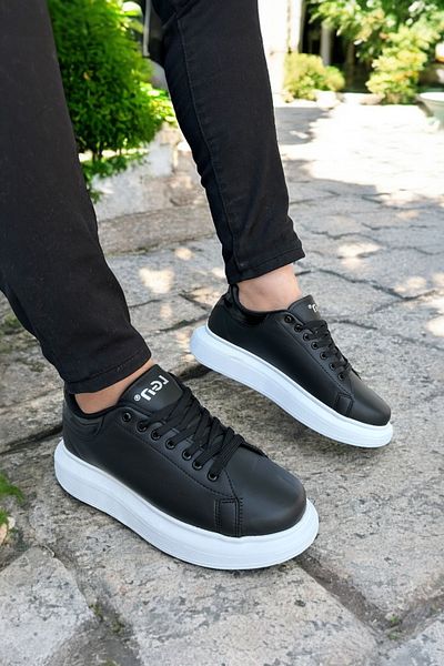 Laguna Men's Black Sneakers - Lace-Up, Leather Look, Thick White Sole,