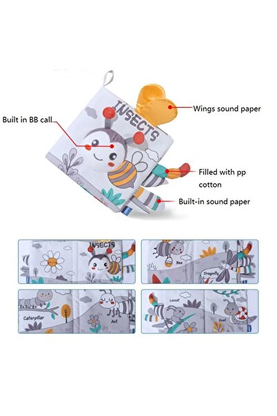 Jjovce Zilli Hışırtılı Bebek Kitabı 3D Montessori Yıkanabilir Bez Kitap Arı