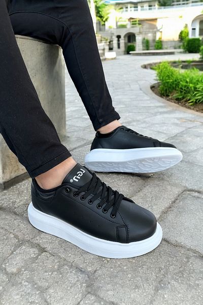 Laguna Men's Black Sneakers - Lace-Up, Leather Look, Thick White Sole,