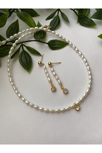 Neta Minimal Taş Gerçek Inci Altın Kaplama Kolye Küpe Set