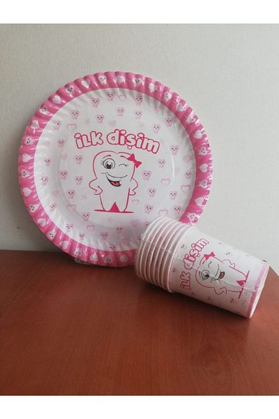 Cadde Süs My First Tooth Written Pink Edged White Paper Plate Cup Set of 8