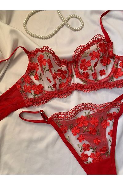 ROZENİN LINGERIE New Year's Gift Clover Embroidered Underwire Capless Embroidered Bra Set (Bra-Tanga)