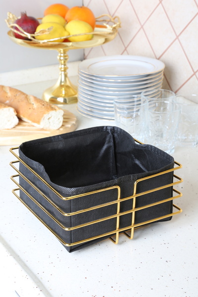 MultiStore Luxury Gold Stainless Square Bread Basket - Multi-Purpose, Black Fabric