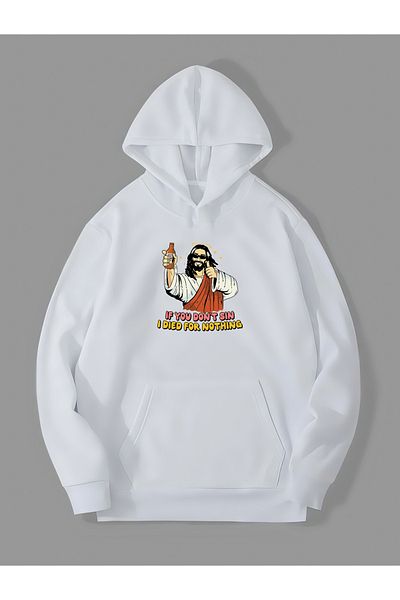 Harmandar Jesus Jesus Printed White Hooded Sweatshirt - Kangaroo Pocket Hoodie
