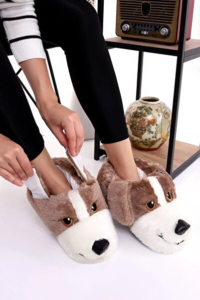 panduff Köpek Figürlü Peluş Yumuşacık Kaymaz Ve Ses Yapmaz Tabanlı Siyah Kışlık Ev Pandufu