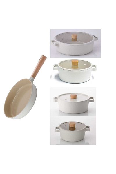NEOFLAM Beige Fika Aluminum 9 Piece Cookware - Pan Set with Glass Lid