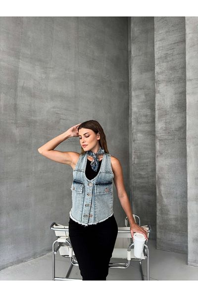 Elif Özbey Butik Ice Blue Jean Vest - With Cargo Pocket