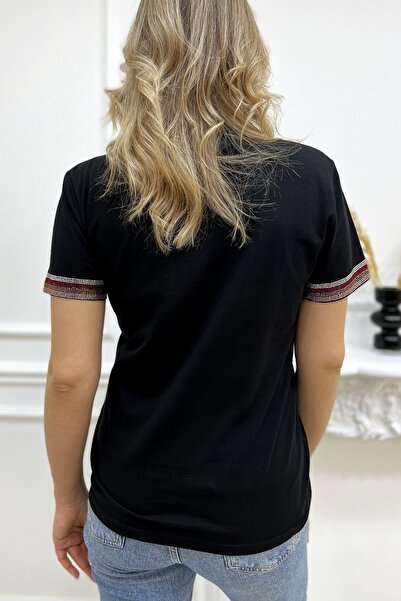 RICH GLAM Large Size Colorful Written Crystal Stone Short Sleeve Crew Neck Stylish Cotton Black Women's T-Shirt T-Shirt