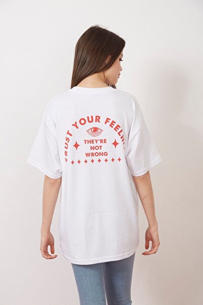 Eazy Co Tricou cu mânecă scurtă cu imprimeu supradimensionat unisex Eazy White Feelings